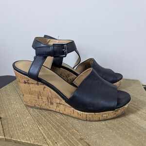 Franco Sarto Black Leather Cork Wedge Sandals Women’s 7 Ankle Strap Platform
